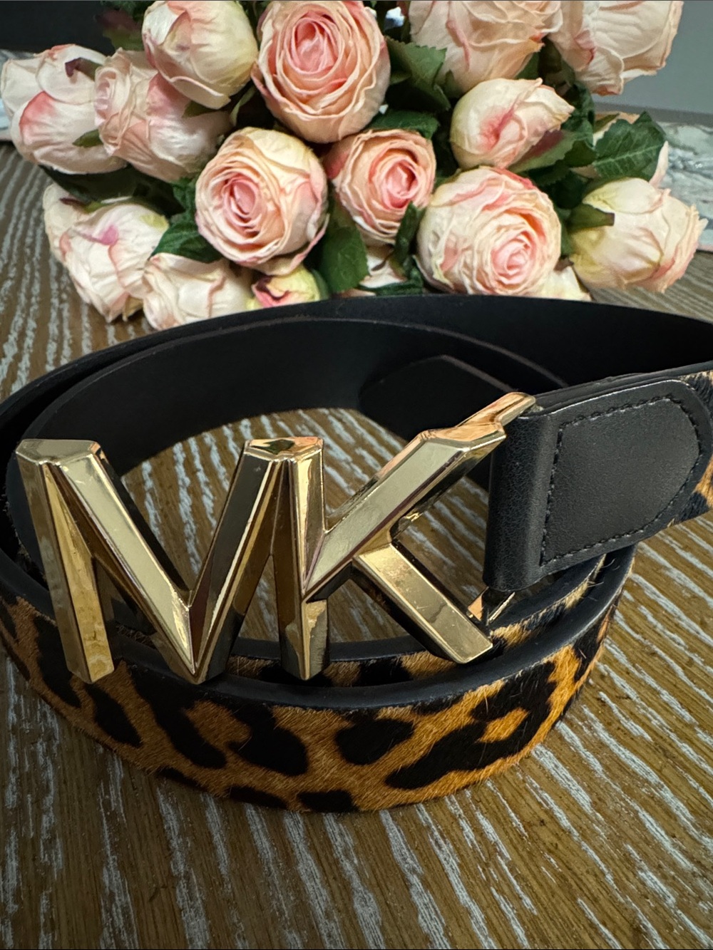Michael Kors Black & Leopard-Print Belt with Gold MK Buckle